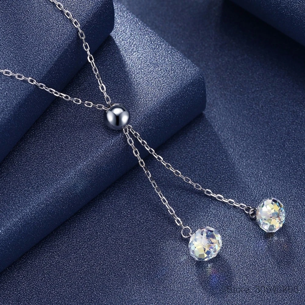 

LEKANI Two Beads Crystals Long Pendants Necklaces Real 925 Silver Chain Collares For Women Bohemian Jewelry 2018