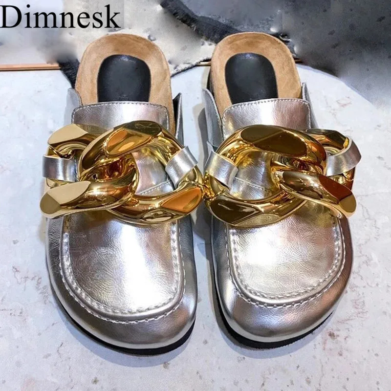 

Gold Chain Flat Casual Closed Toe Slippers Women Silver Thick Sole Lazy Mules Autumn Vacation Loafers Runway Shoes Female 2020