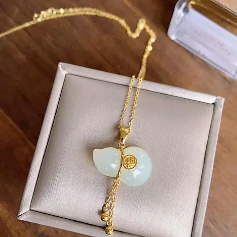 

Hotian Jade Pendant Women's Small Calabash Jade Necklace S925 Sterling Silver Fu Character Retro Ethnic Style Chinese