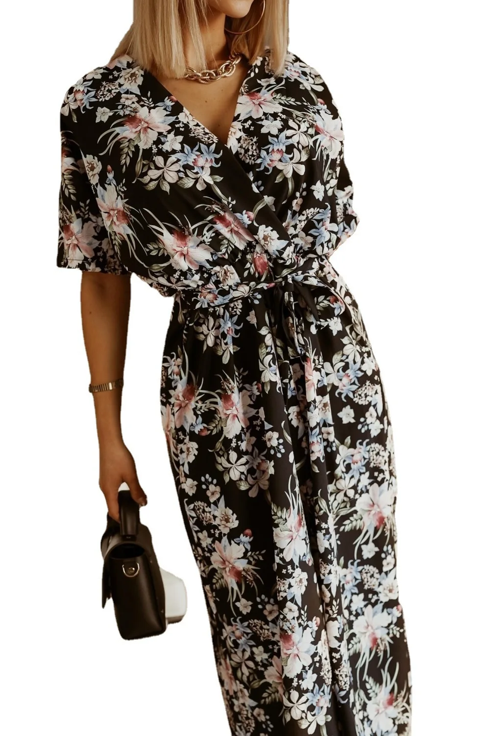 

Zoulv 2021 Summer Short-sleeved V-neck Bohemian Floral Dress Casual Fashion Large Size High Waist Slim Dress for Women