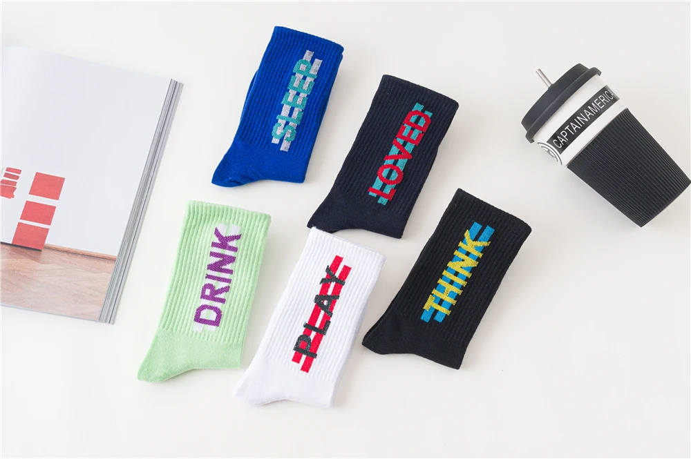 Women's Funny Words Loved Think Drink Sleep Play Lettered Striped Art Socks Couples Skateboard Hipster Street Dance Harajuku Sox