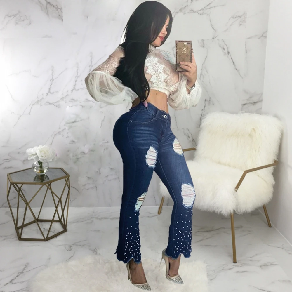 

Tassel High Waist Beading Jeans Slim Women's Pants Hole Jeans Trousers Denim Pants Sexy Streetwear Flare Pants Spodnie Damskie