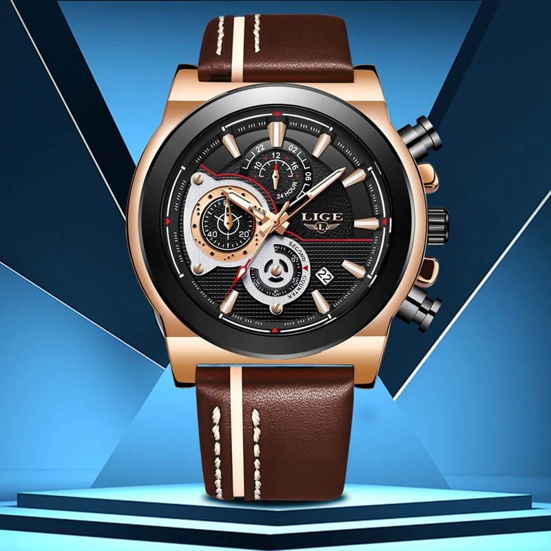 

2020 LIGE Sport Chronograph Men's Watch Leather Band Wristwatch Big Dial Quartz Watches with Luminous Pointers Relogio Masculino