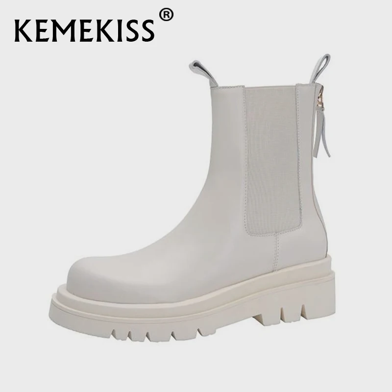 

KemeKiss Size 33-40 Women Genuine Leather Ankle Boots Zipper Low Heel Round Toe Solid Color Short Boots Ladies Footwear