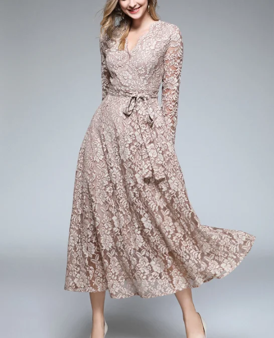 

2021 New Women's Long-sleeve Spring Autumn Hollow Out Bodycon Dress Elegant Skinny Floral Pattern Lace Dresses Vestido