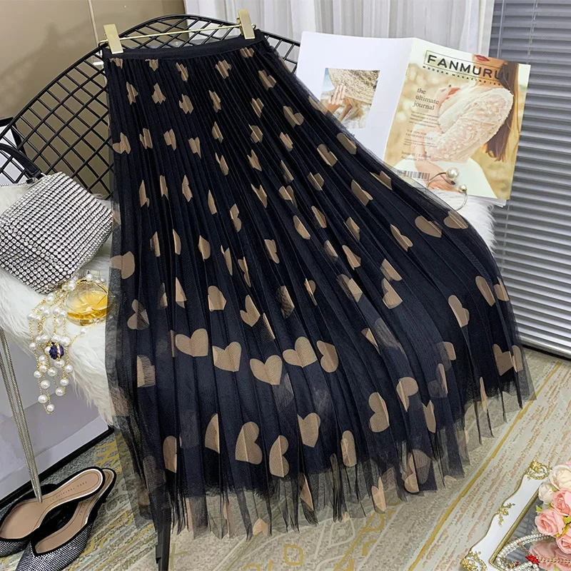 

Черная плиссированная юбка для женщин, Осень-зима 2021, новая Корейская сетчатая юбка с завышенной талией, тюль средней длины