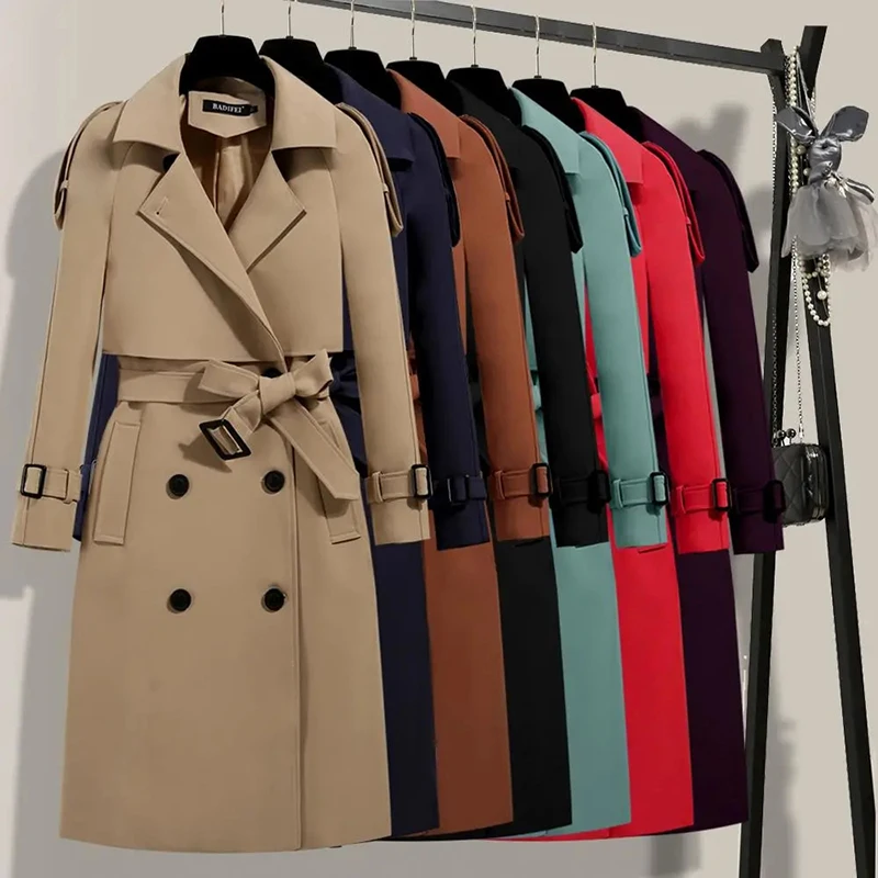 

2021 Autumn Winter Elegant Women Double Breasted Solid Trench Coat Vintage Turn-down Collar Warm Trench With Belt Basic Jackets