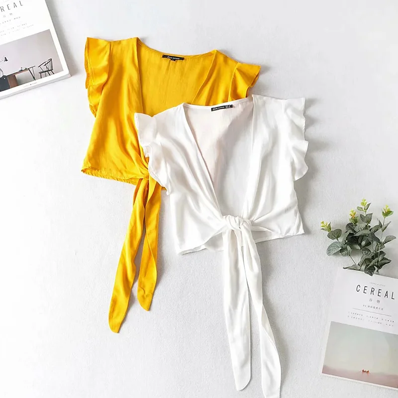 

Women Ruffles Sleeveless Bow Tie Sexy T-shirt V-Neck Solid Female Crop T-shirts 2021 New Fashion Ladies Slim Tube Tops