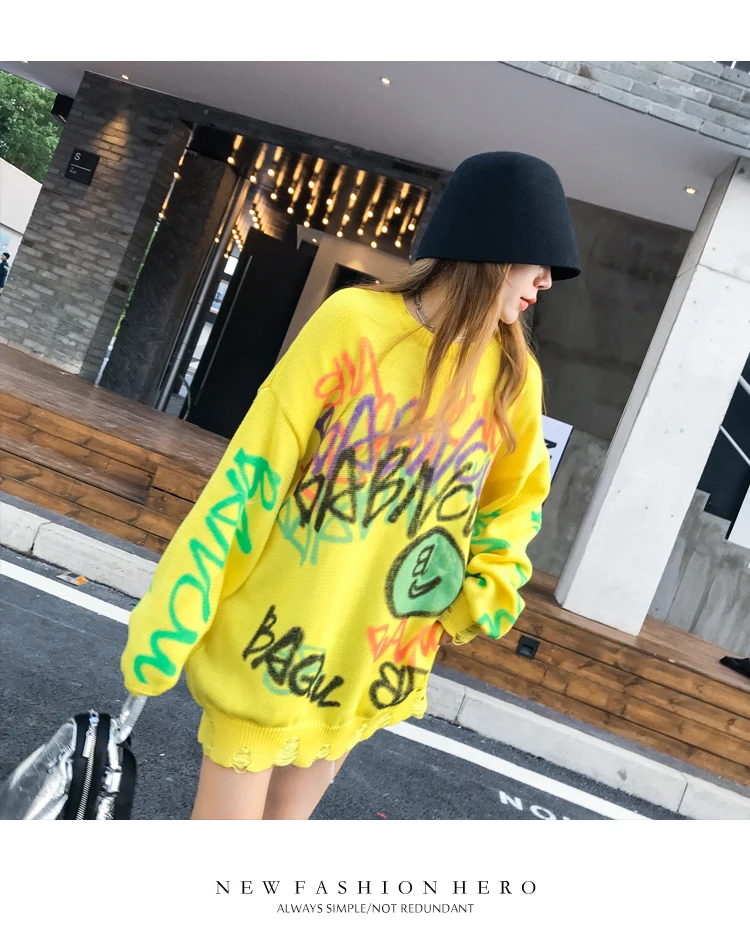 YOKO свитер женский Осень Зима Новая мода свободная Корейская версия ручная роспись граффити ленивый стиль свитер размера плюс платье