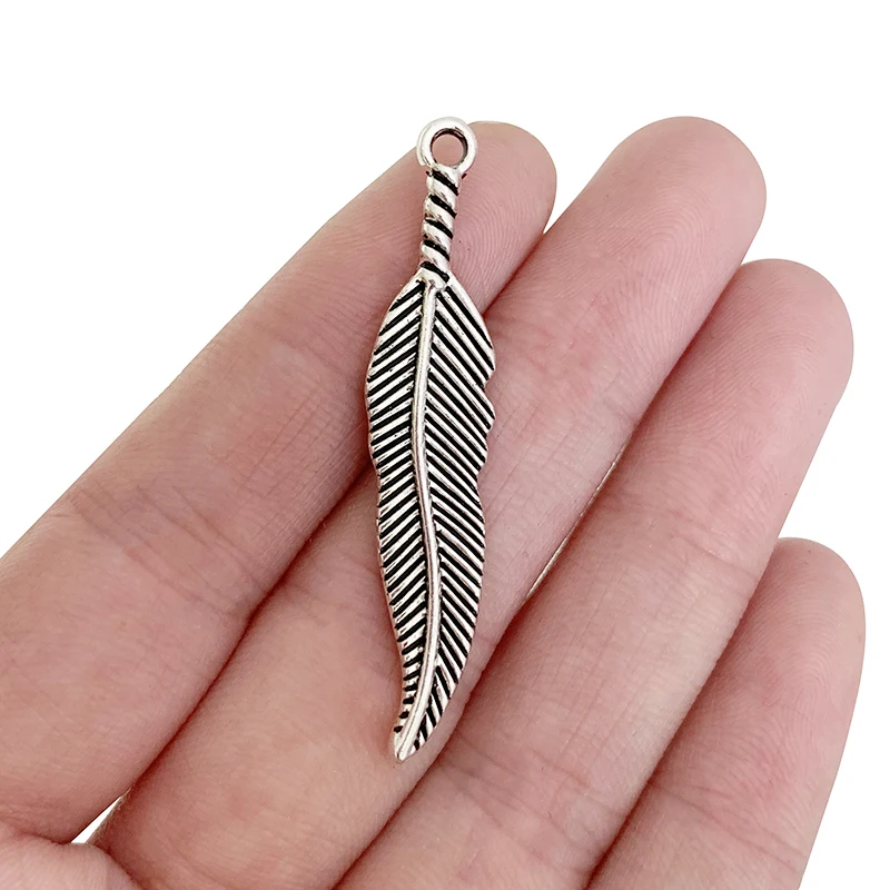 

30 x Tibetan Silver Double Sided Feather Leaf Charms Pendants for Necklace Jewelry Making Findings 49x10mm