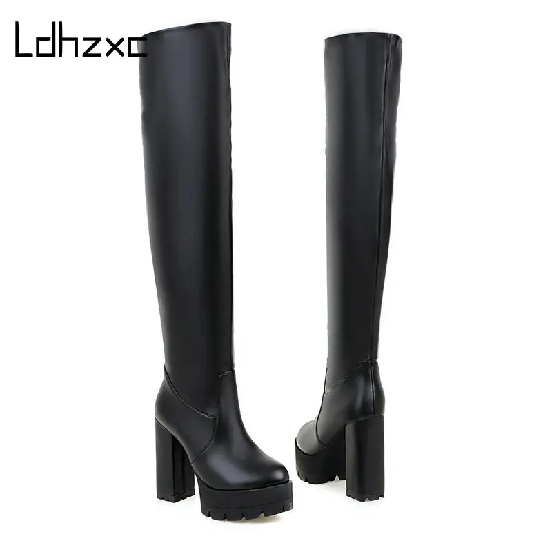 

LDHZXC Band Designer Pu Leather Women Over The Knee High Boots Round Toe Boots Women Long Platform High Heel Boots Black