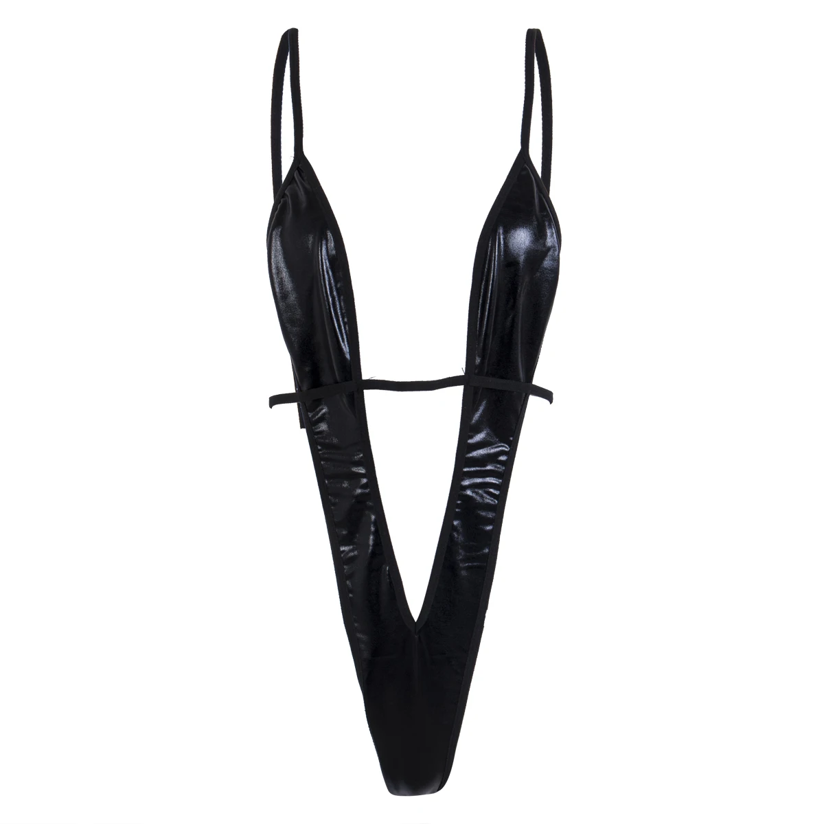 Сексуальный женский черный слитный купальник из искусственной кожи с глубоким V