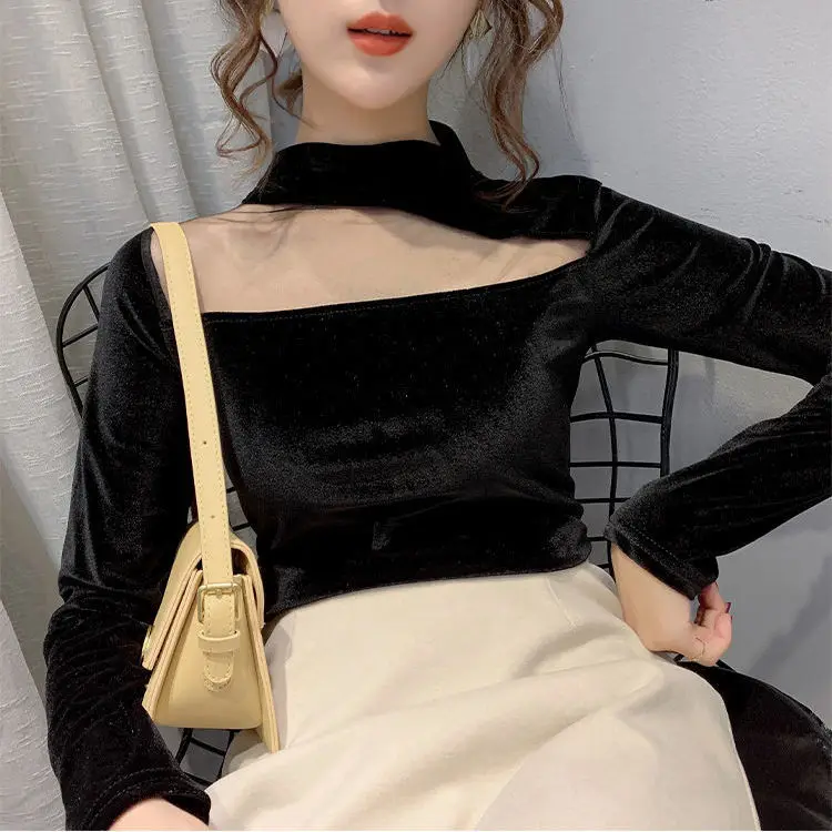 

CocoFlower Velveteen Semi-turtleneck Shirts Ladies in Spring/Winter Cotton Long-sleeve T-shirt Instagram Tops