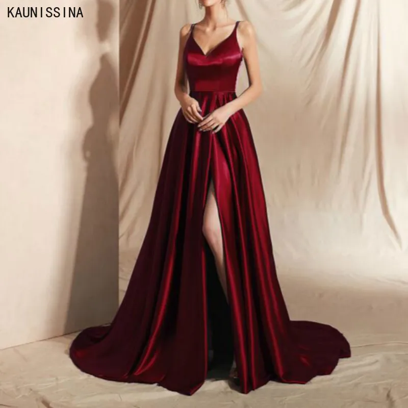 

Evening Dress with High Slit Prom Satin Spaghetti Straps V-Neck Sexy Sweep Train Floor-Length Formal Dresses Vestidos