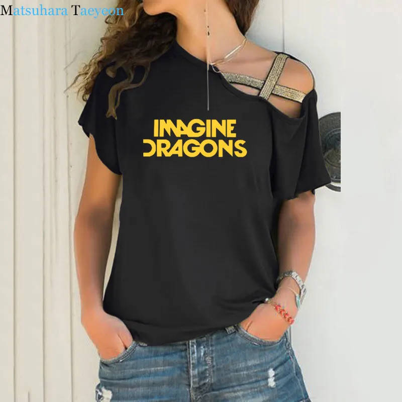 woman t shirt Fashion Imagine Dragons Funny Tee Top Short Sleeve Female clothing T-Shirt Irregular Skew Cross Bandage Tshirt