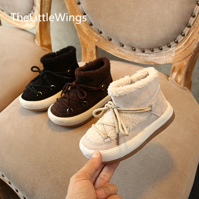 

2022 winter children's cotton shoes genuine leather boys' lambs wool warm and non slip girls' snow boots 1-2-3-8 years old