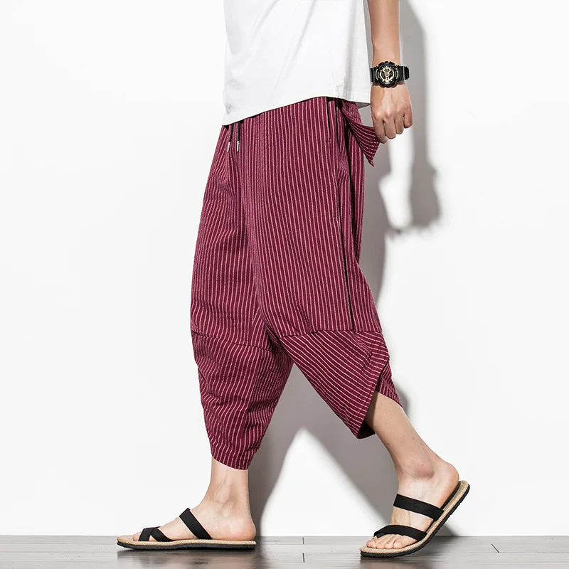 Summer New Chinese Style Pants Men's Striped Wide Leg Pants Casual Men's Leggings Loose Large Capris
