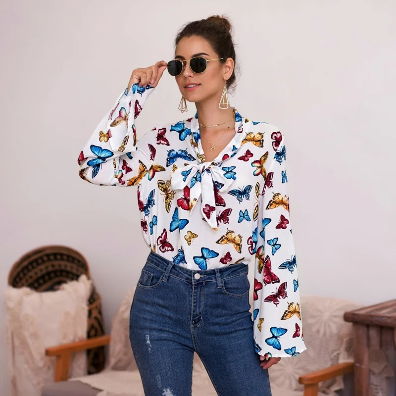 Women Vintage Butterfly Printed Blouse Flare Sleeve Bow Bandage Elegant Casual Shirt 2020 Autumn Office Lady Fashion Blouse