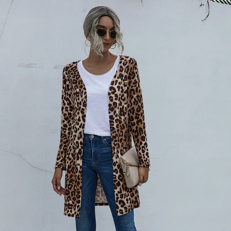 

European And American Long Sleeve Button Leopard Print Coat Vest For Women