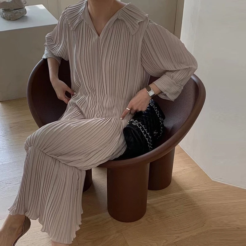 

GALCAUR Pullover Solid Dress For Women Lapel Collar Short Sleeve Ankle Length Patchwork Ruched Loose Dresses Female 2021 Clothes