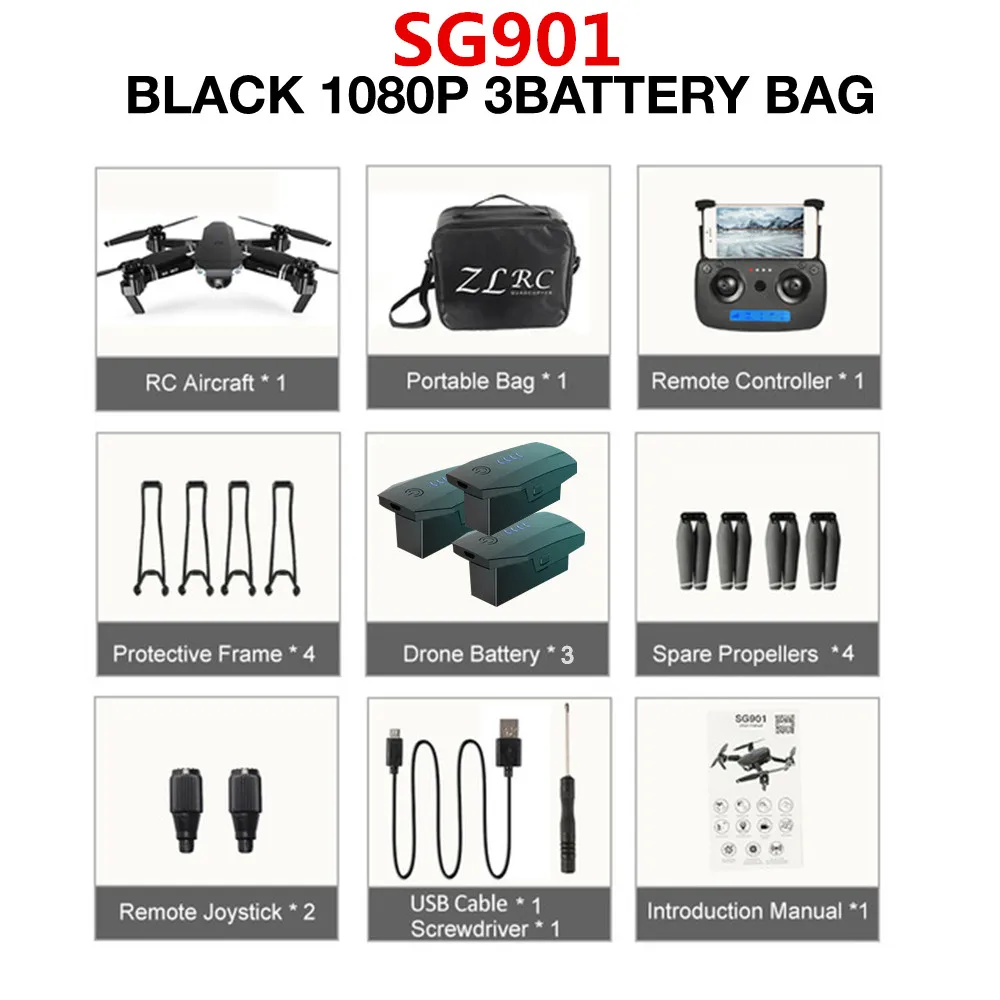 SG901 1080p Bag 3B SG907/SG901 Дрон gps 4K HD x50 зум Камера 5G wifi FPV Профессиональный Квадрокоптер RC вертолет складной селфи дроны Рождество - Цвет: SG901 1080p Bag 3B