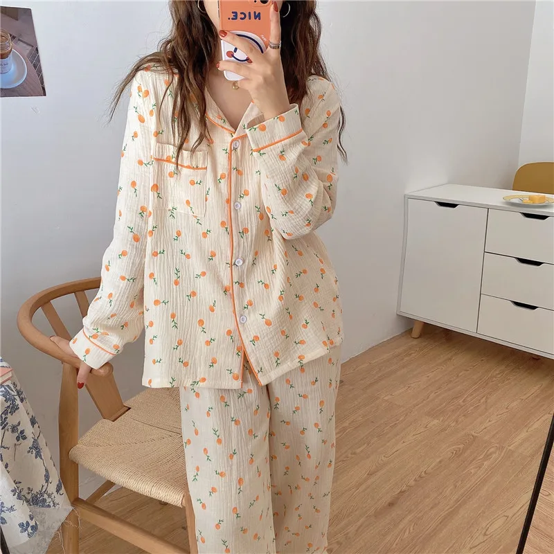 

comfortable soft 100% cotton pajamas set women sleepwear home suit long sleeve top elastic waist pants pyjamas loungewear