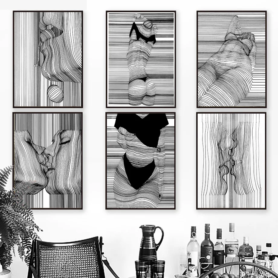

Abstract Posters and Prints Black and White Canvas Wall Art Sketch Line Draw Waves Painting Modern Fashion Home Room Decor