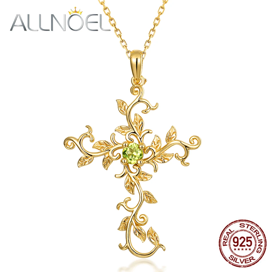 

ALLNOEL Real 925 Sterling Silver Natural Peridot Gemstone Pendant vine Cross Necklace For Women Gold Color Wedding Jewelry Gift