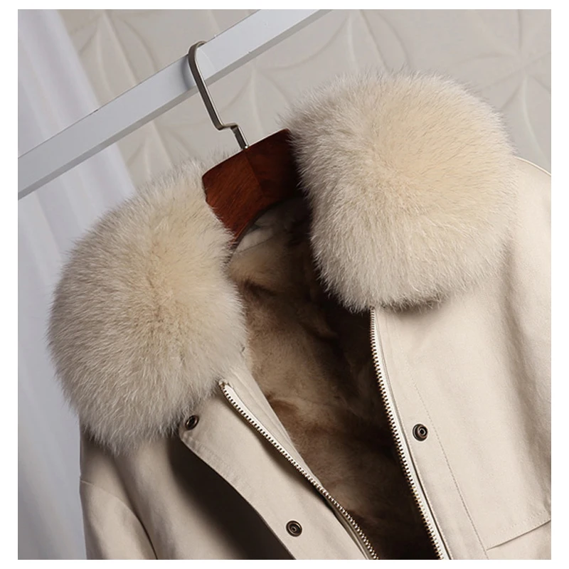 2021 Loose Long Coat Natural Real Fox Fur Collar Real Rex Rabbit Fur Detachable Lining Parkas Fashion New Women Winter Jacket