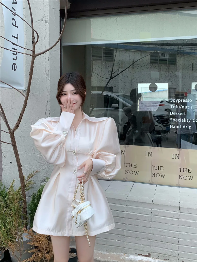 

Korean Chic Pearlescent Lantern Sleeve Waist-Tight Buckle Coat Dress Nuyoah