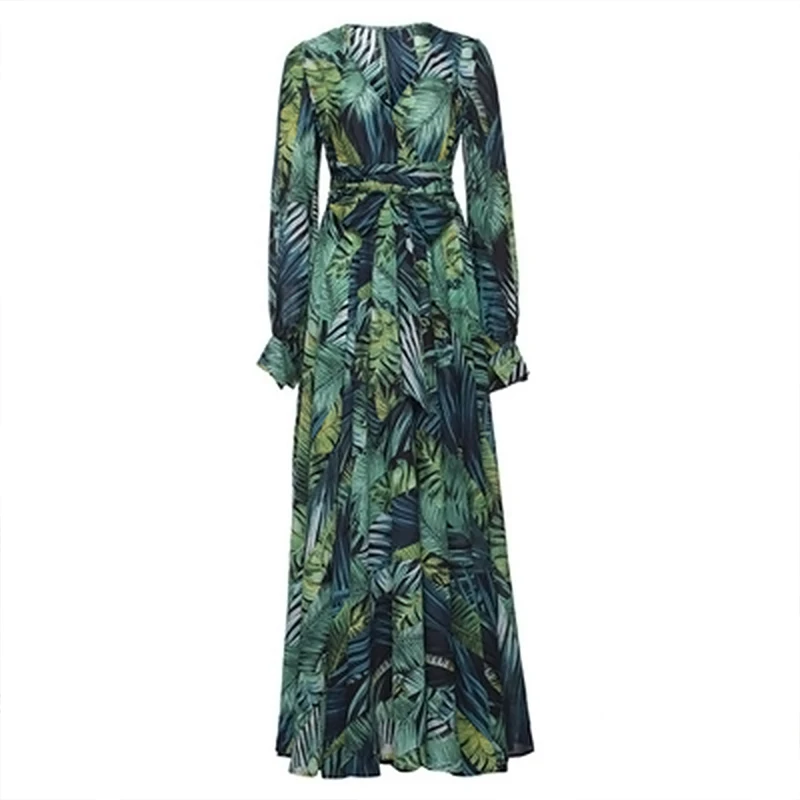

Summer Women's 2021 Dresses Green Leaf Print Skirt Big Swing
