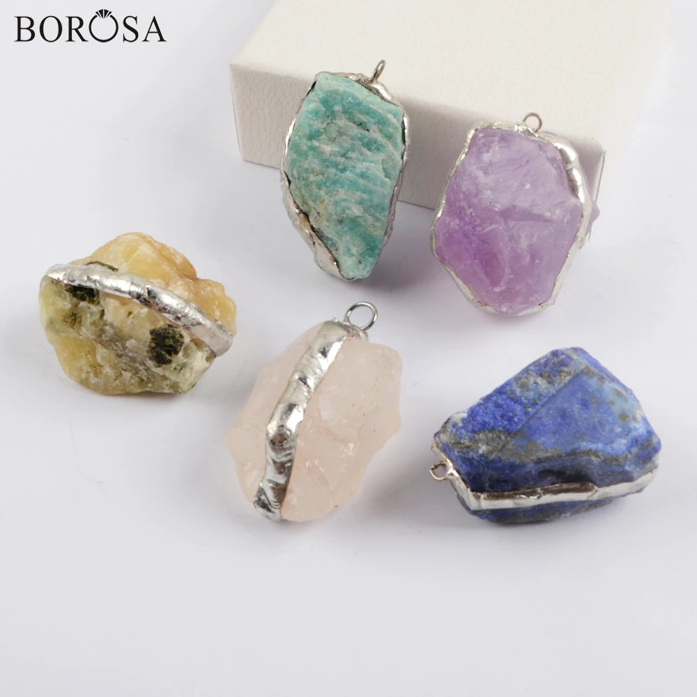 

BOROSA Irregular Raw Amethysts Amazonite Charms for Women Necklace Fashion Rough Natural Stones Quarzt Pendant Jewelry WX1569