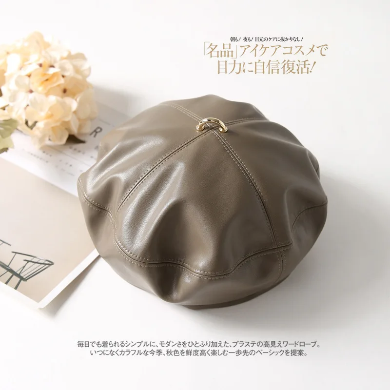 Autumn Pu Leather Beret Women Fashion Winter Warm Hat French Solid Wool Berets Lady Painter Hat Vintage Female Warm Walking Cap