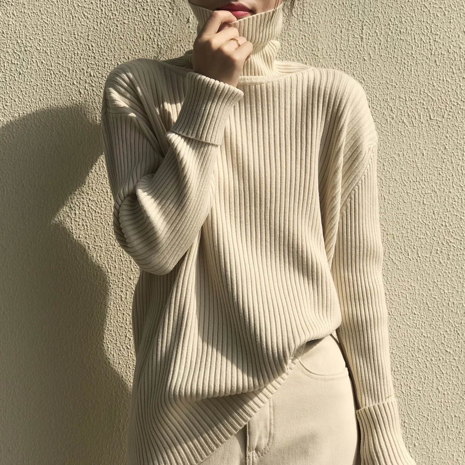 

Yanshuang 2021 Зимний новый большой свитер с высоким воротником с длинным рукавом утолщенный топ в полоску p677