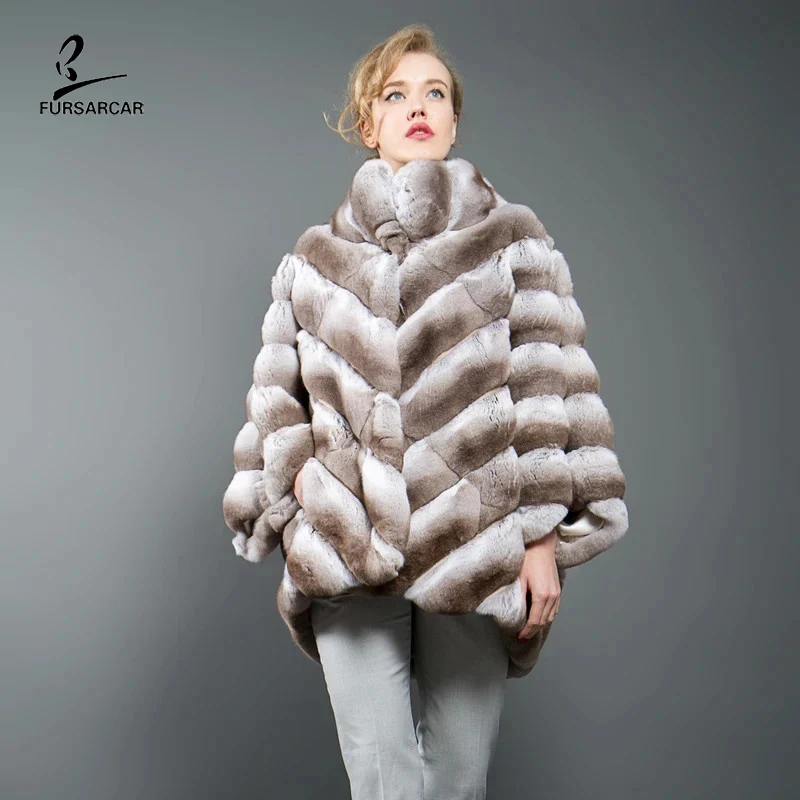 FURSARCAR 2021 NEW Winter Women Flared Sleeves Natural Real Rex Rabbit Fur Coat Fashion Loose Luxury Chinchilla Jacket