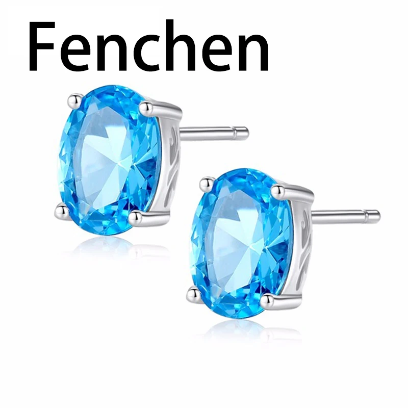 Fenchen серьги 1,8 карат Овальный Небесно-Голубой топаз камень по месяцу рождения 925 пробы серебряные серьги-гвоздики для женщин ювелирные изделия с драгоценными камнями подарок AE178