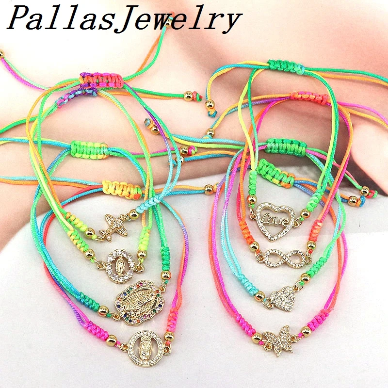 

10 шт., нежные позолоченные браслеты с фианитами, крест, глаза, сердце, Бабочка, Дева Мария, макраме, регулируемый шнур, браслеты для женщин и д...