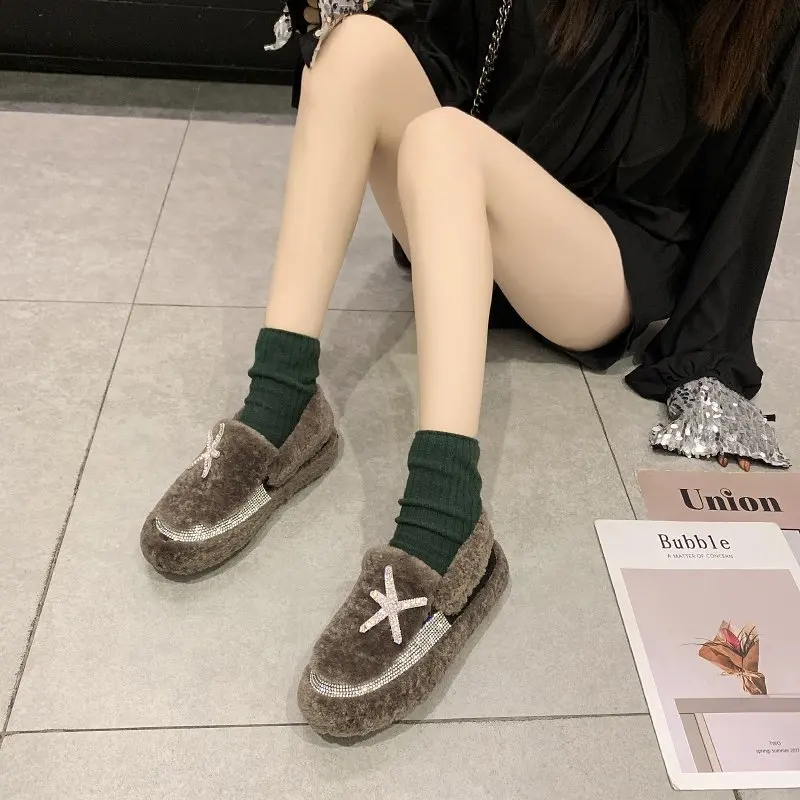 Winter Fashion The New Fur Shoes Women Casual Solid Slip-On Round Toe Starfish Short Plush Shallow Keep Warm High Quality Flock