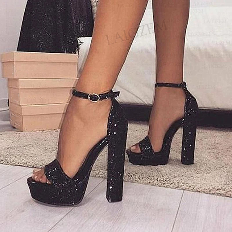 SEIIHEM Bling Women Platform Sandals Thick High Heels Black Glitter Open Toe Pumps Party Prom Shoes Women Large Size 41 42 47 52