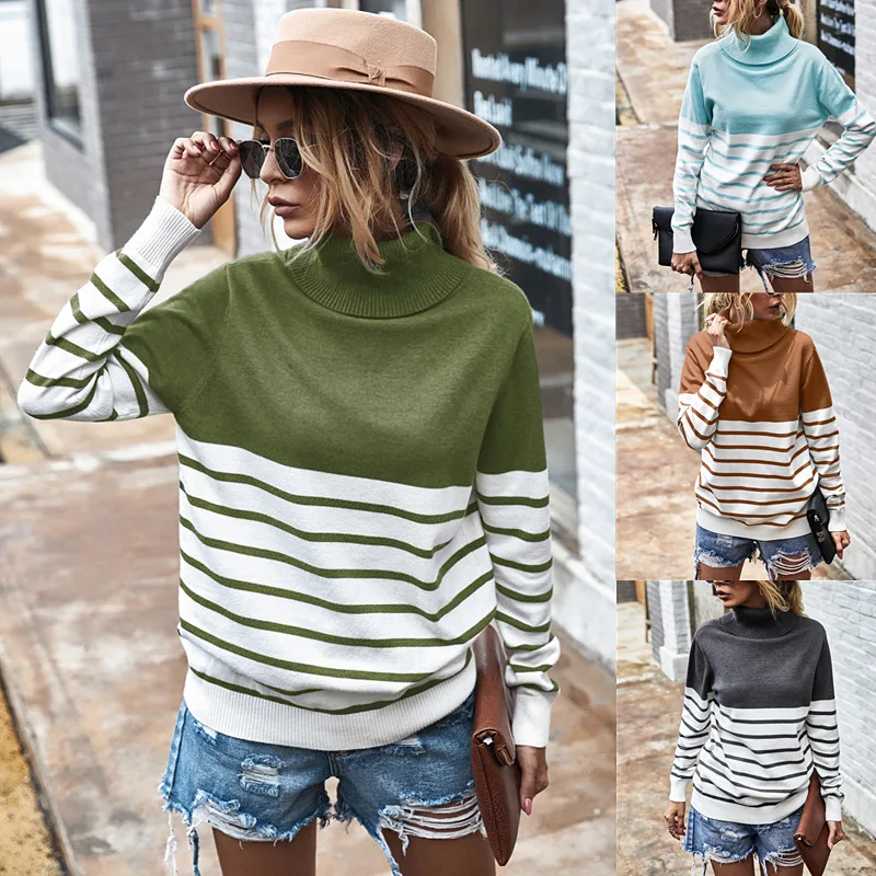 

autumn winter women knitting sweater turtleneck and stripe and color matching ladies outerwear warm and fashion femal streetwear