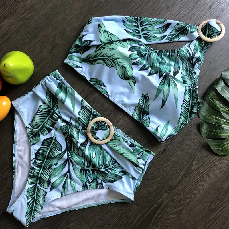 Купальник с высокой талией бикини принтом листьев пуш-ап женский купальник на