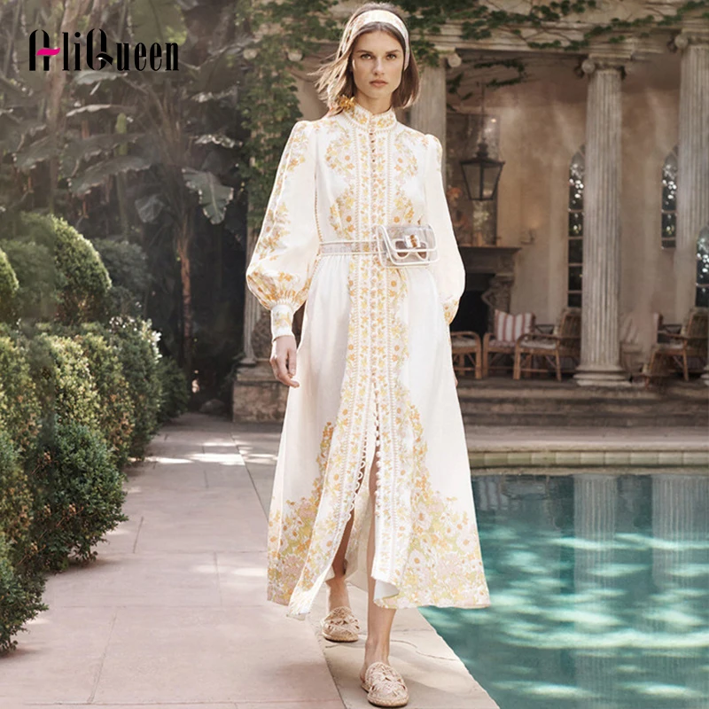 Весна Лето Цветочный Принт женское подиумное Макси платье Элегантное дамское фонарь с длинным рукавом