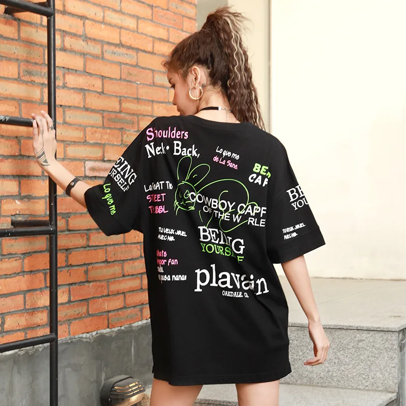 

Vefadisa Black White Summer Letter Women T-shirt 2021 Newest Rabbit Print Female T-shirt Plus Size Casual T-shirt Tees QYF5430
