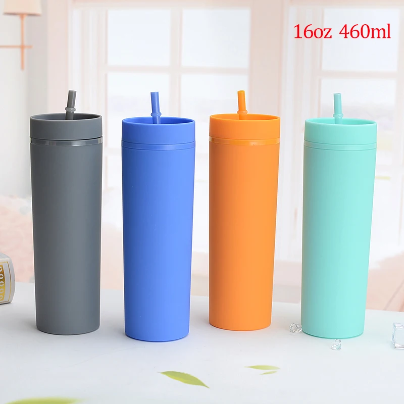 1pc 16oz Plastic Reusable Skinny Tumbler Double Wall Tumbler with Straw Home Supplies Cute Coffee Mugs Cups 2022