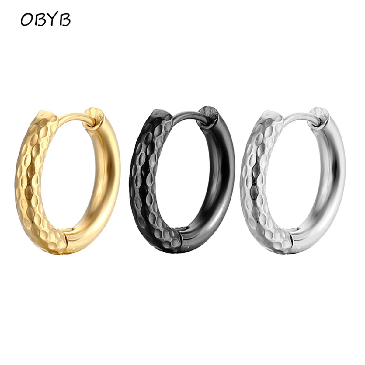 

OBYB Punk Stainless Steel Embossing Hoop Earrings for Women Simple Personality Cartilage Piercing Jewelry Anti-allergic Ear Ring