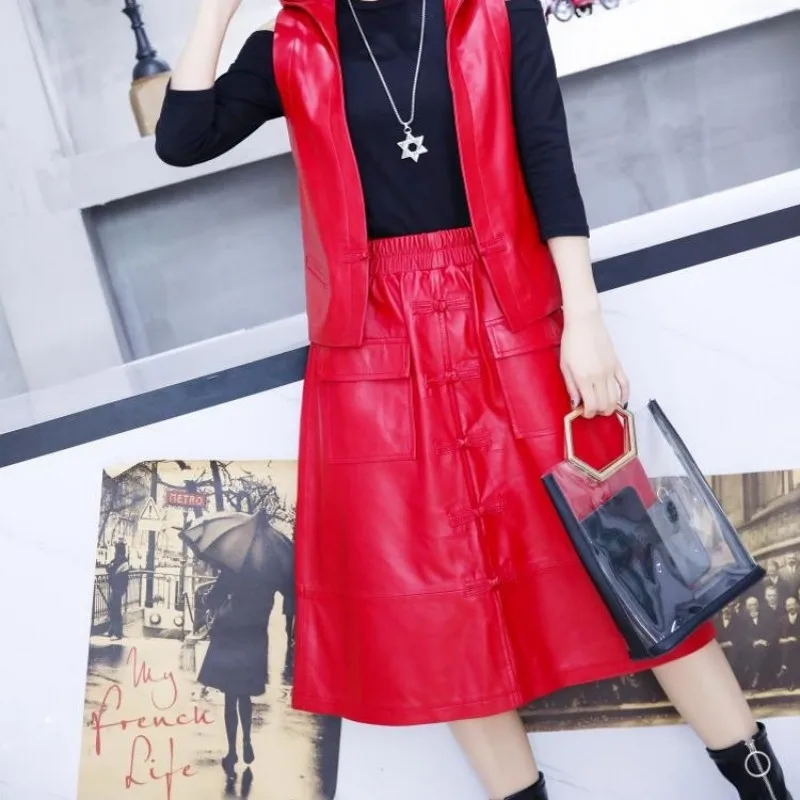 Chinese Style A-Line Skirts Women Streetwear Red Sheepskin Knee Length Skirts Designer High Waist Casual Mid Skirts Pockets