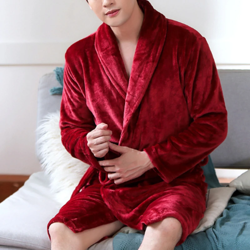 

Warm Sleepwear Winter Men Soft Pajamas Casual Solid Sashes Long Sleeves Nightgrown Male Pyjamas Homewear