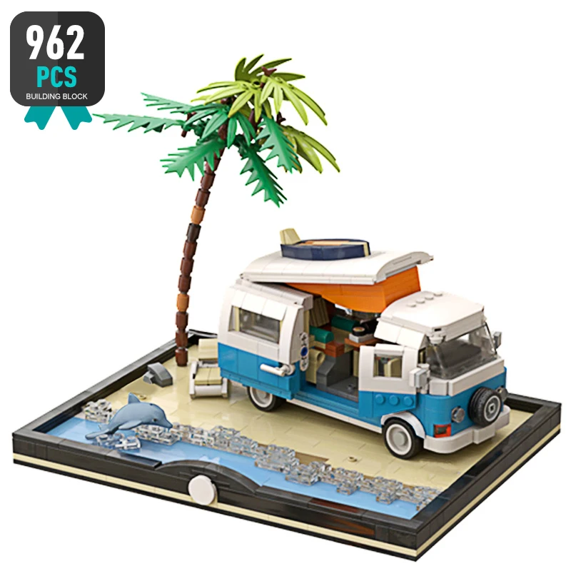 

MOC Beach Camping Van T2 Building Block Kit Tourist Bus Car Truck Vehicle Bricks Model Kids Puzzle Brain Toys Birthday Gift