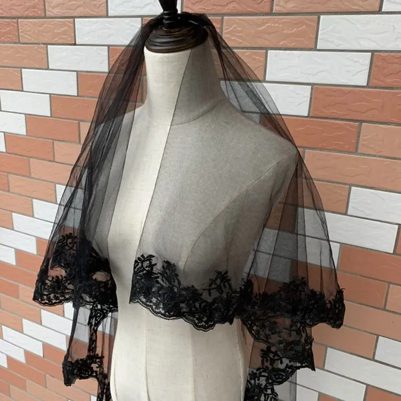 

2021 2-Tier Women Halloween Cosplay Costume Black Mantilla Wedding Veil Embroidery Floral Lace Sheer Tulle Hair Accessories with