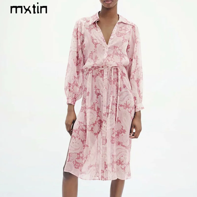 

2021 женские Sprint Пейсли винтажное платье-миди с отворотным воротником однобортный галстуком-бабочкой пояса пляжные Стиль женские платья ...